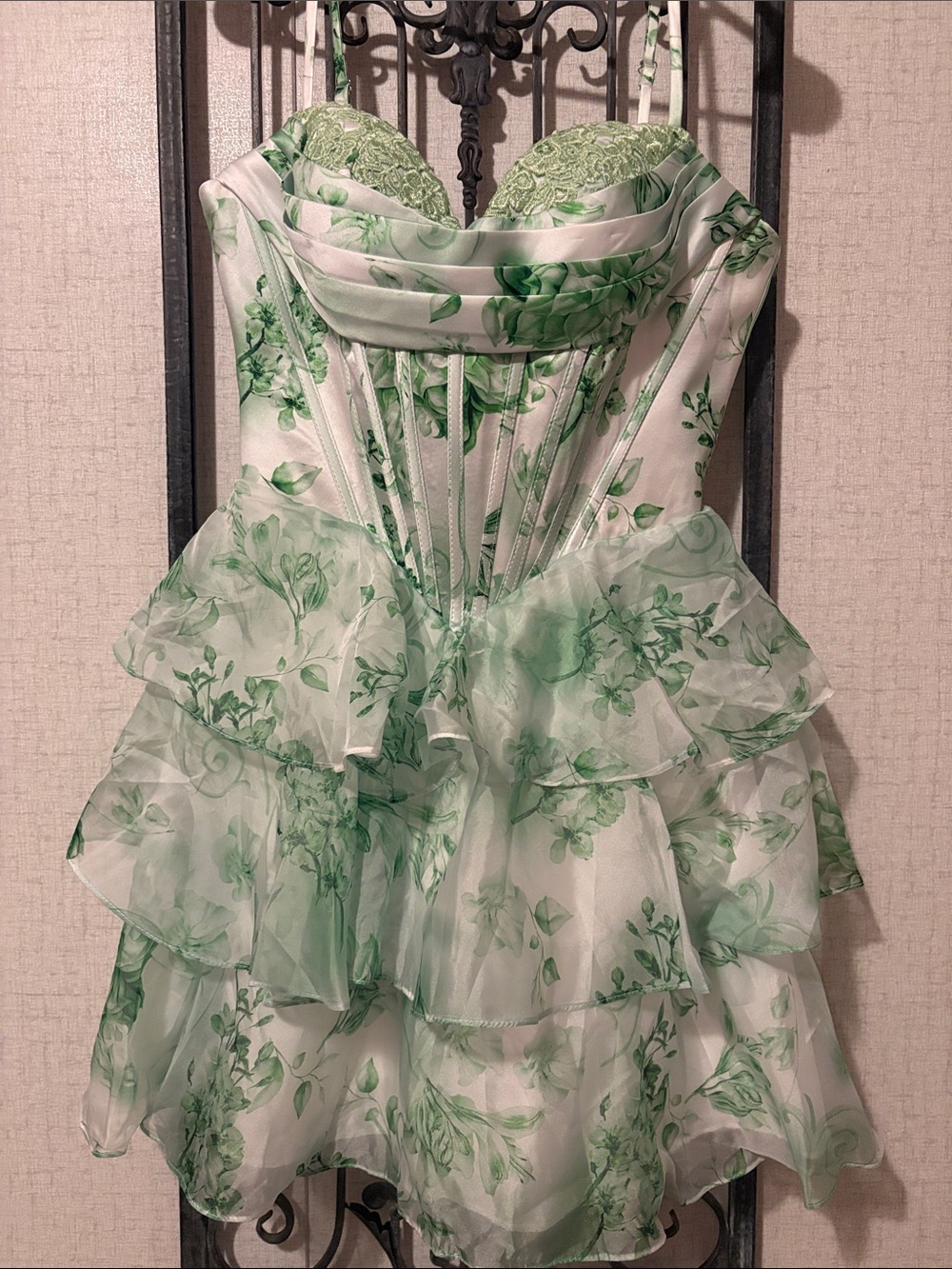 Floral Green Tiered Prom Dress with Corset Bodice